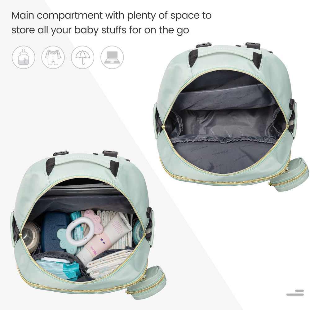 LOVEVOOK mint green diaper bag backpack waterproof pocket keeps wet items separate during travels.
