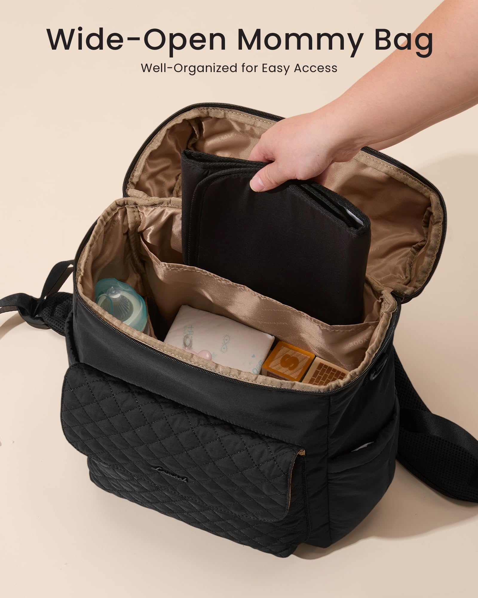 LOVEVOOK diaper bag bottle pockets facilitate on-the-go feeding and temperature-safe containers.