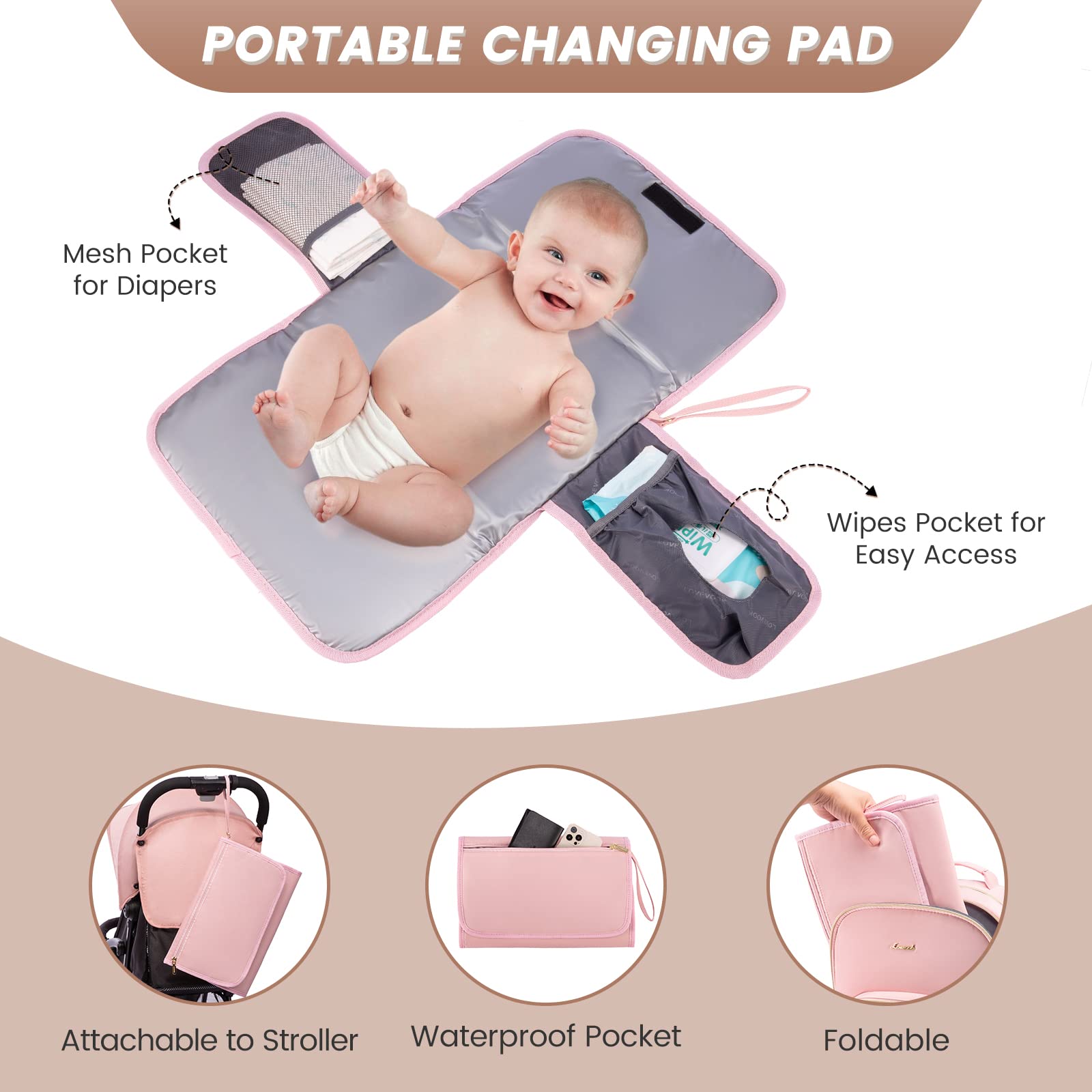 LOVEVOOK diaper bag backpack quilted pink built-in changing pad for clean diaper changes.