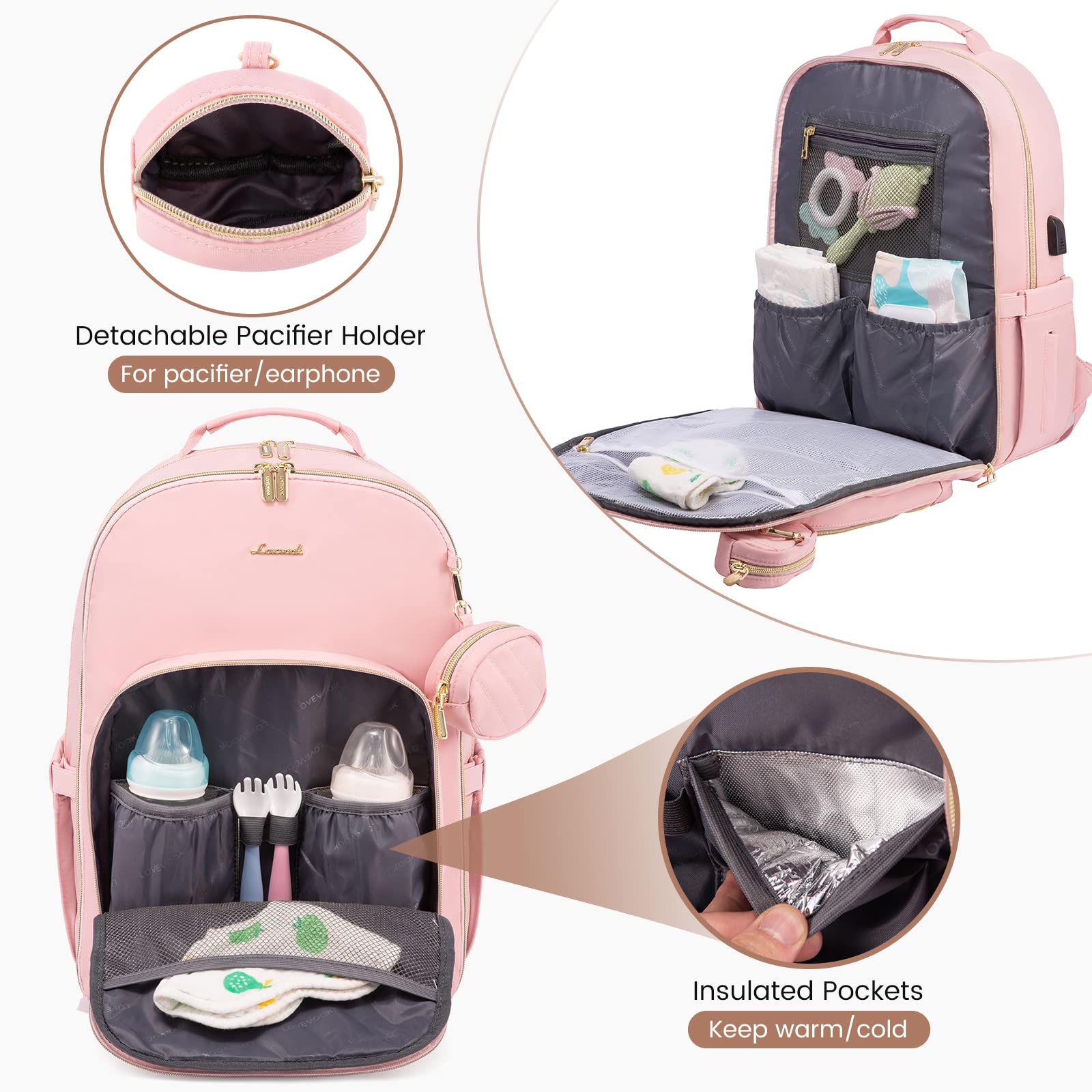 LOVEVOOK diaper bag backpack quilted pink insulated bottle holders for temperature-controlled feeds.