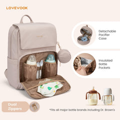 LOVEVOOK diaper bag interior organized with 16 partitions and bottle sleeves.