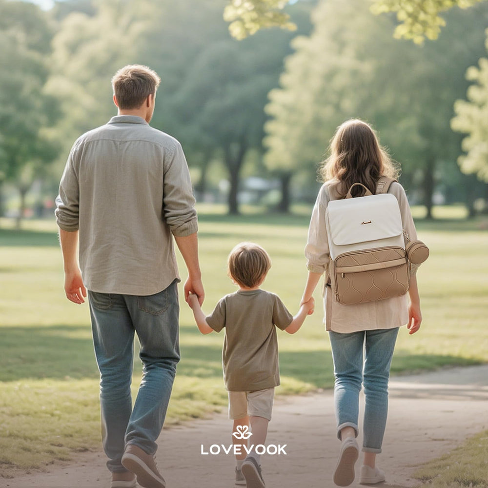 LOVEVOOK diaper bag luggage-fixation 360-degree hook supports secure travel with strollers and luggage.