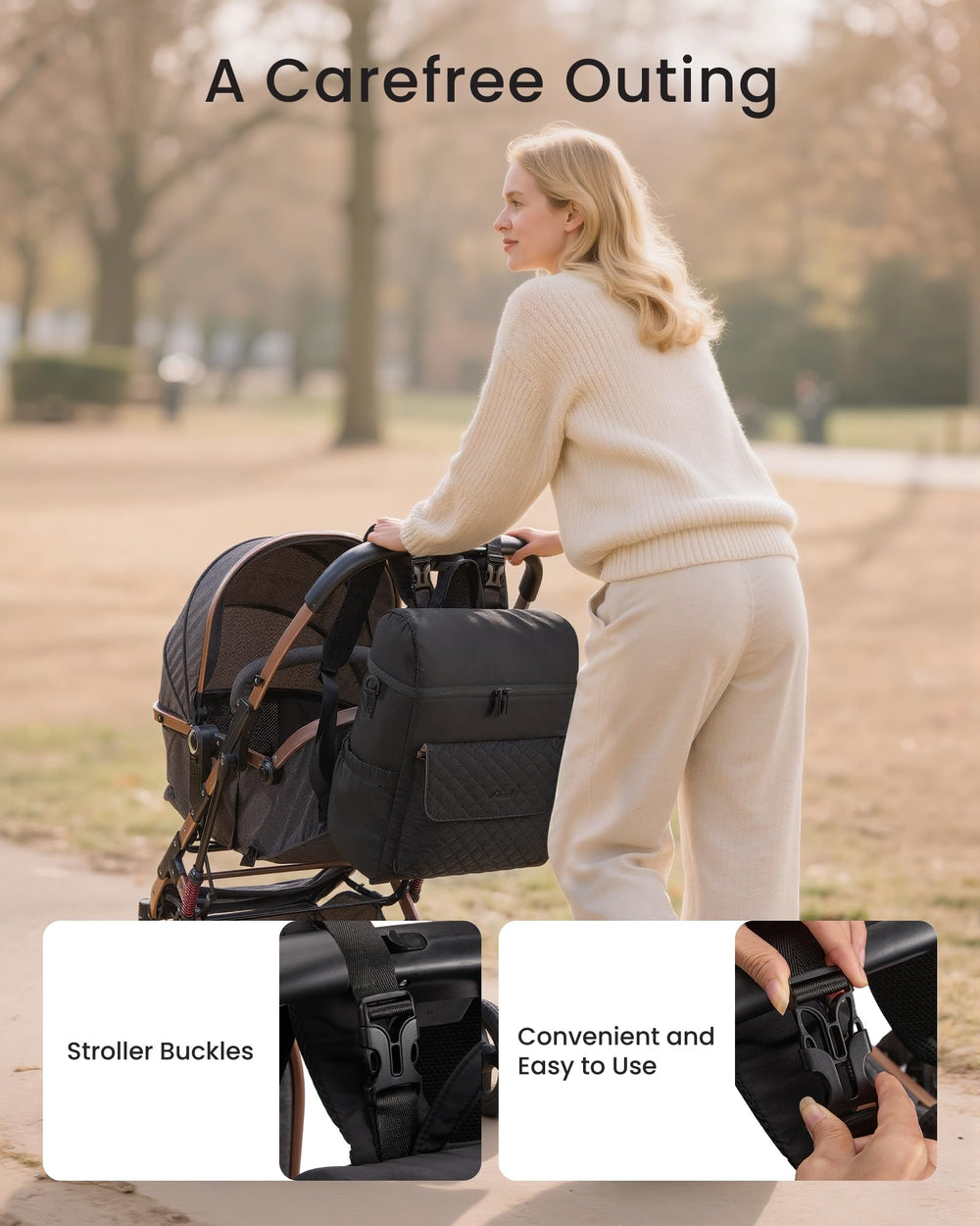 LOVEVOOK diaper bag stroller buckles enable hands-free strolling during outings.