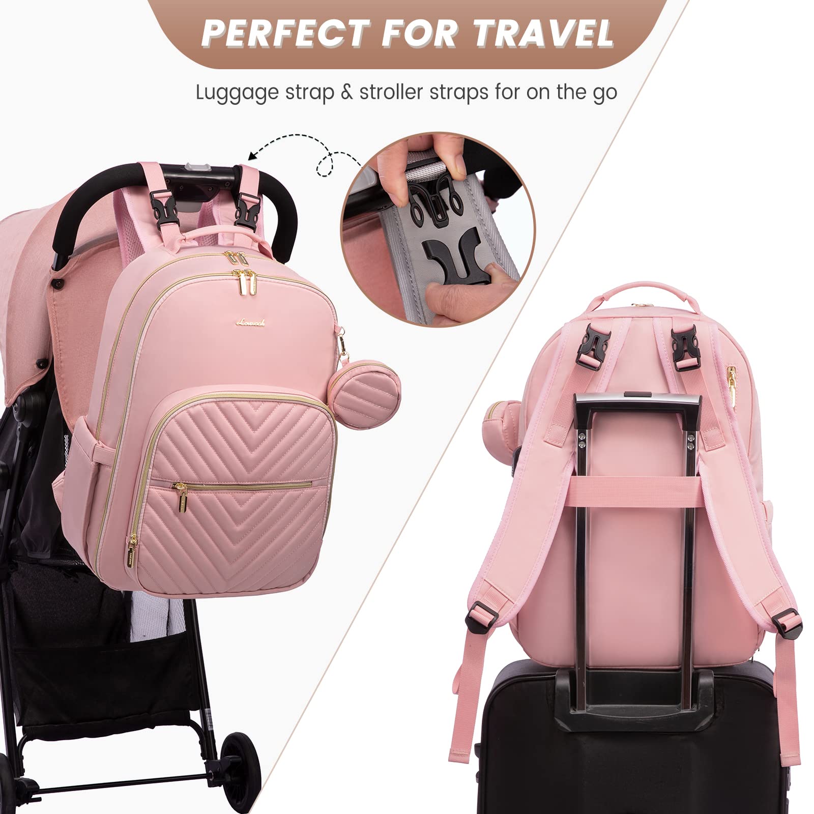 LOVEVOOK diaper bag backpack quilted pink stroller attachment enables easy one-handed use.