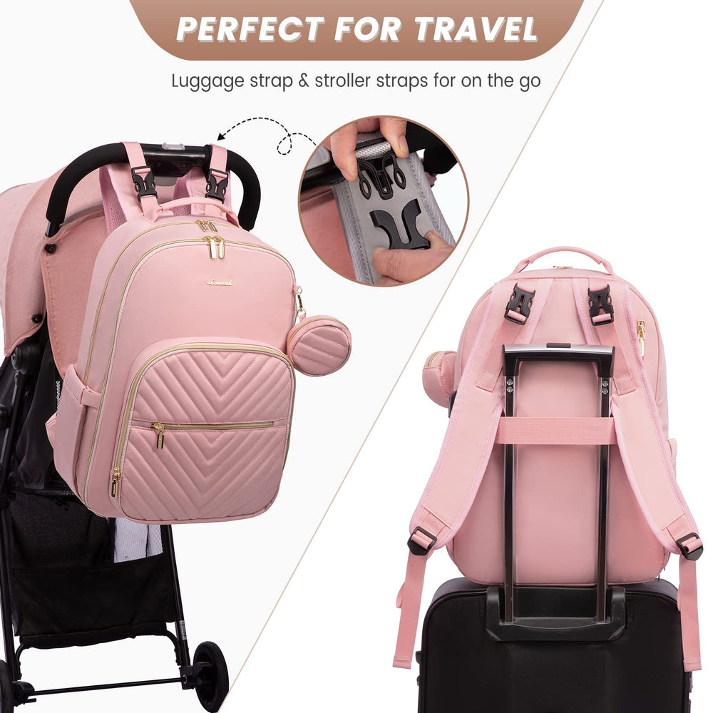 LOVEVOOK diaper bag backpack quilted pink stroller attachment enables easy one-handed use.