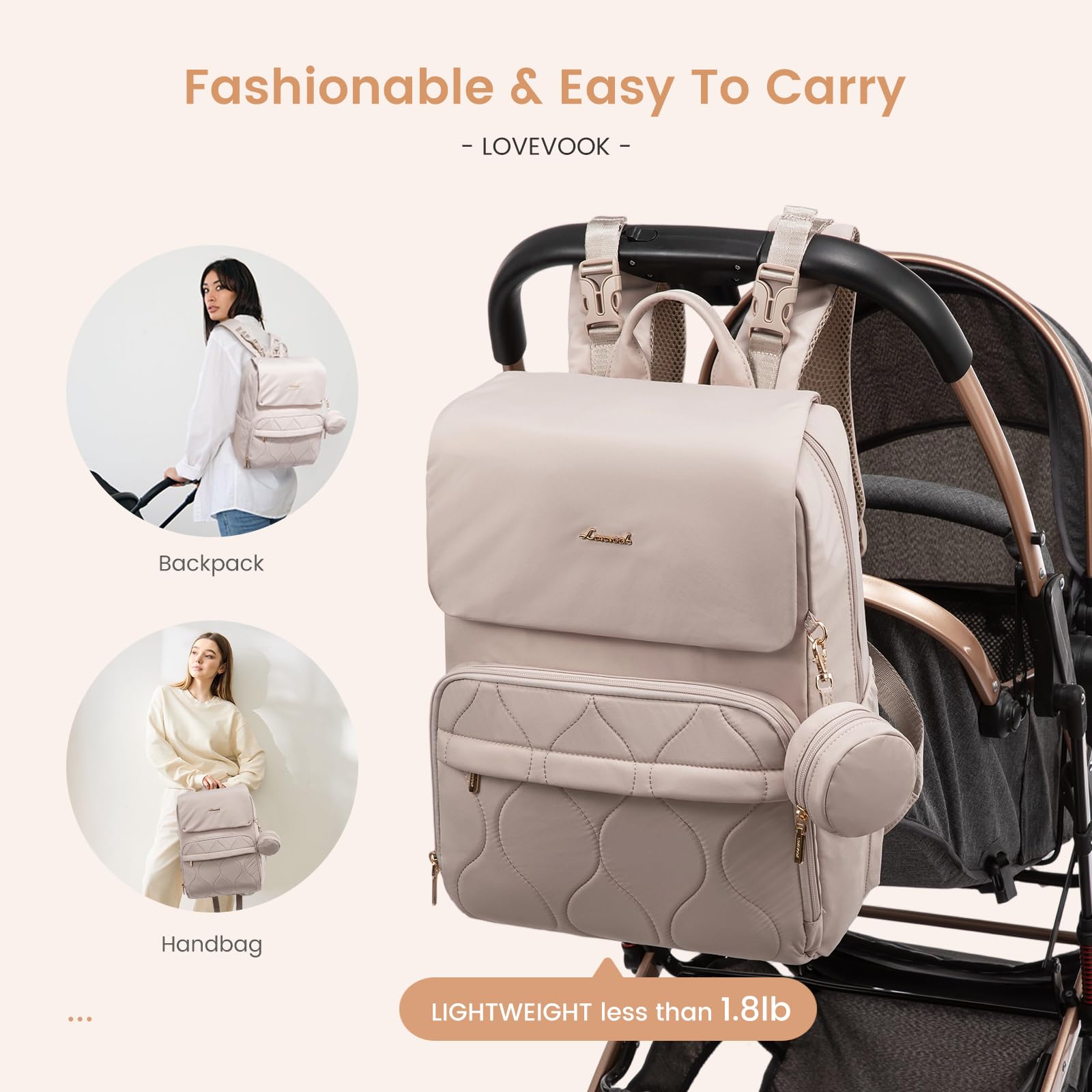 LOVEVOOK diaper bag stroller straps attach securely for hands-free outings.