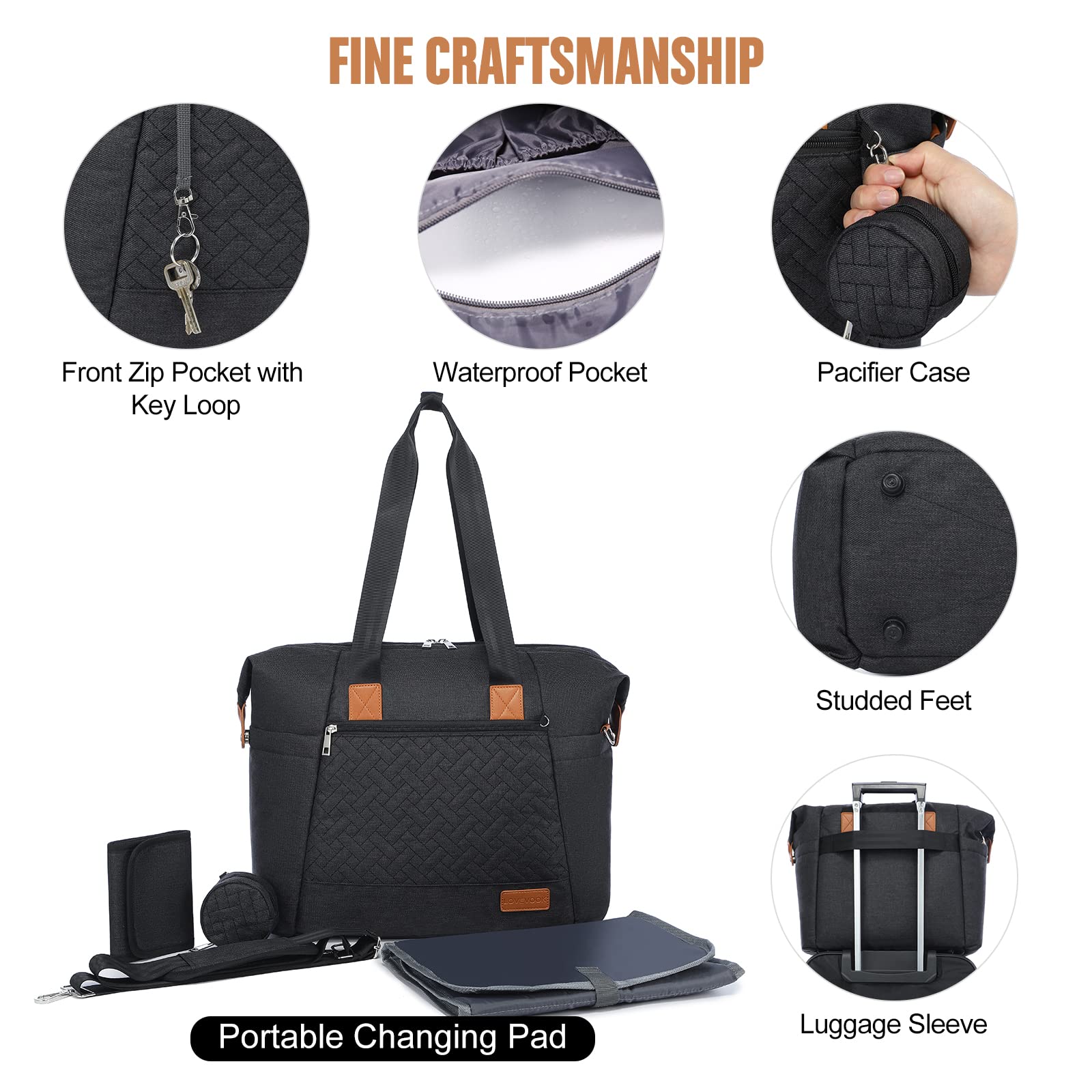 LOVEVOOK diaper bag tote convertible carry strap offers versatile crossbody or shoulder wear.