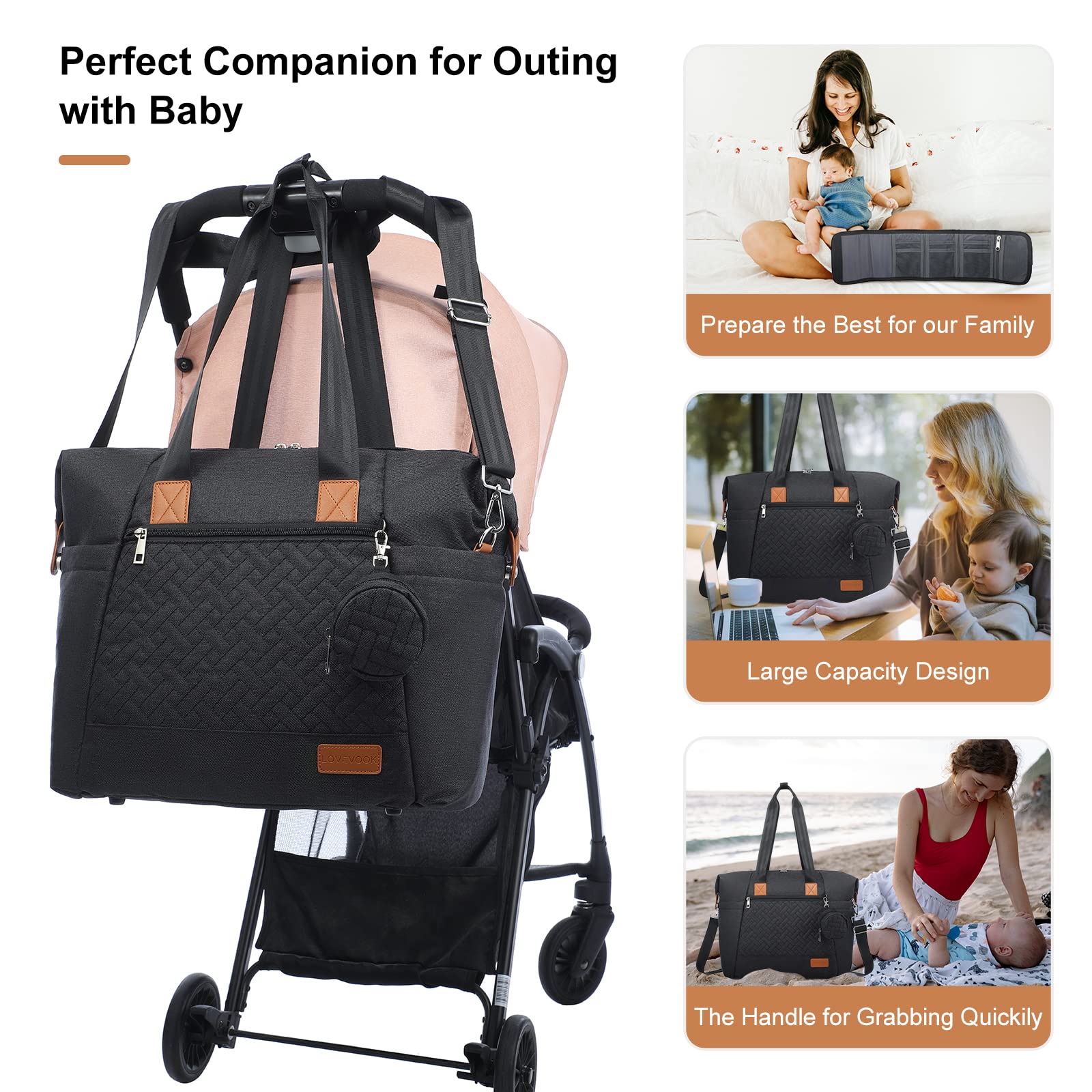 LOVEVOOK diaper bag tote durable bottom feet keep bag clean and stable.