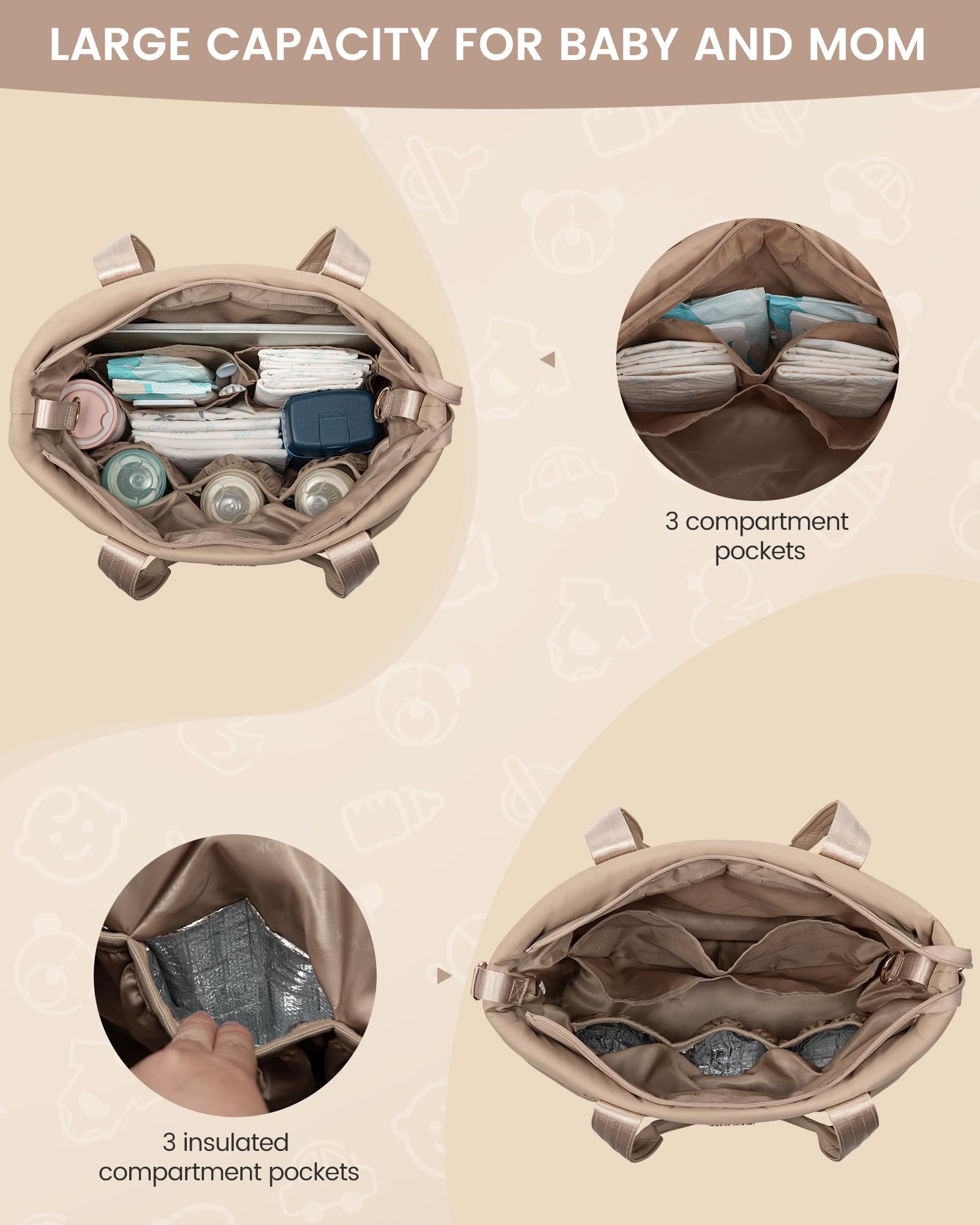 LOVEVOOK Diaper Bag Tote multi-pocket layout for quick access to essentials.