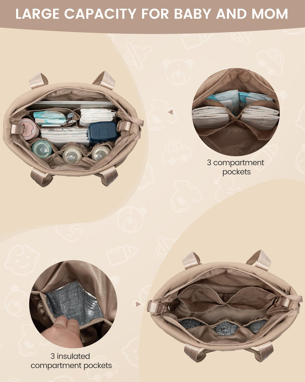 LOVEVOOK Diaper Bag Tote multi-pocket layout for quick access to essentials.