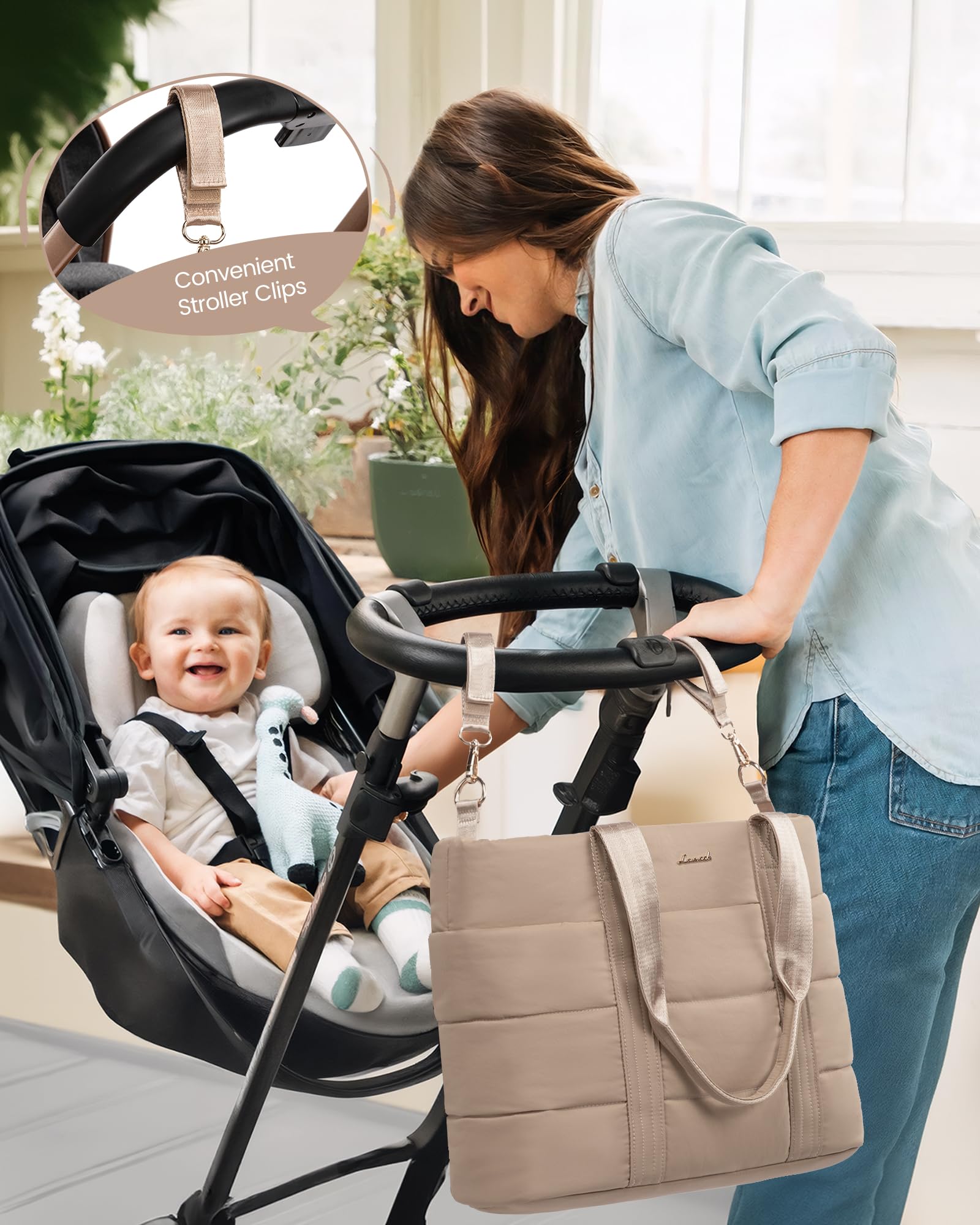 LOVEVOOK Diaper Bag Tote pacifier case helps reach pacifiers quickly.