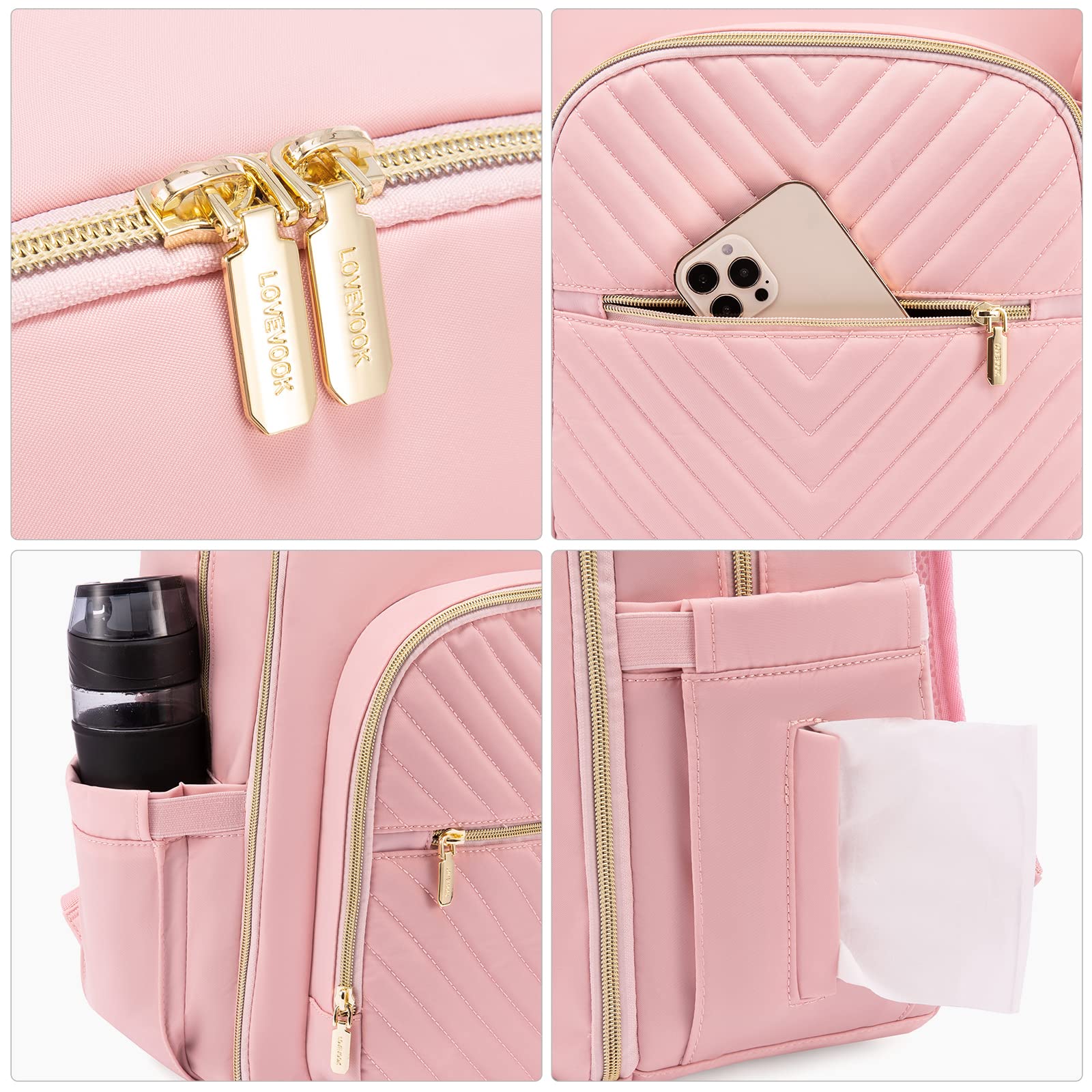 LOVEVOOK diaper bag backpack quilted pink waterproof compartments protect clothing and diapers from spills.