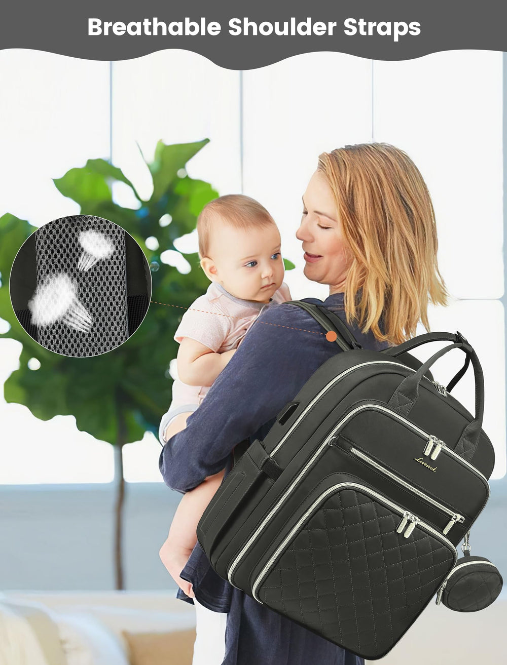 LOVEVOOK diaper bag with luggage strap for hands-free travel