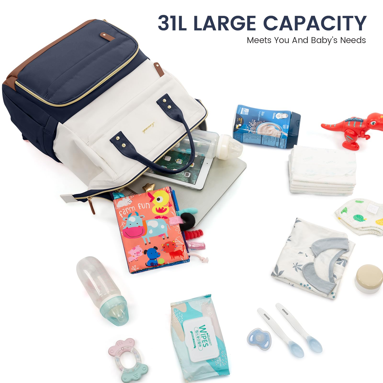 LOVEVOOK navy-beige colorway demonstrates stylish, practical mommy-bag functionality.