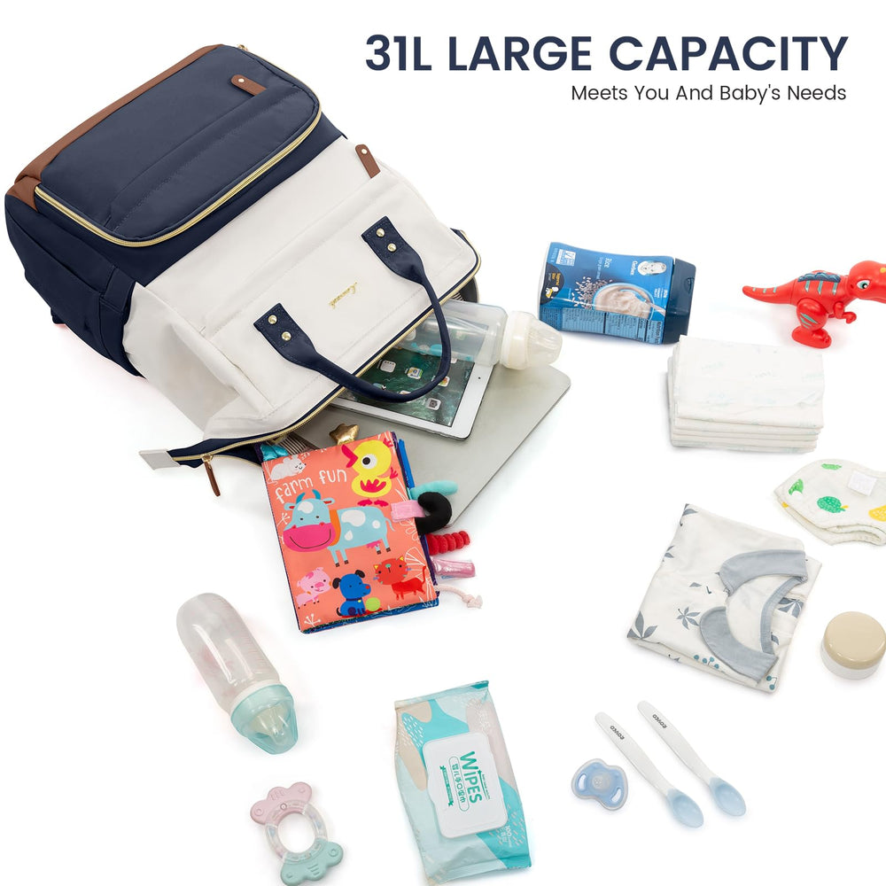 LOVEVOOK navy-beige colorway demonstrates stylish, practical mommy-bag functionality.