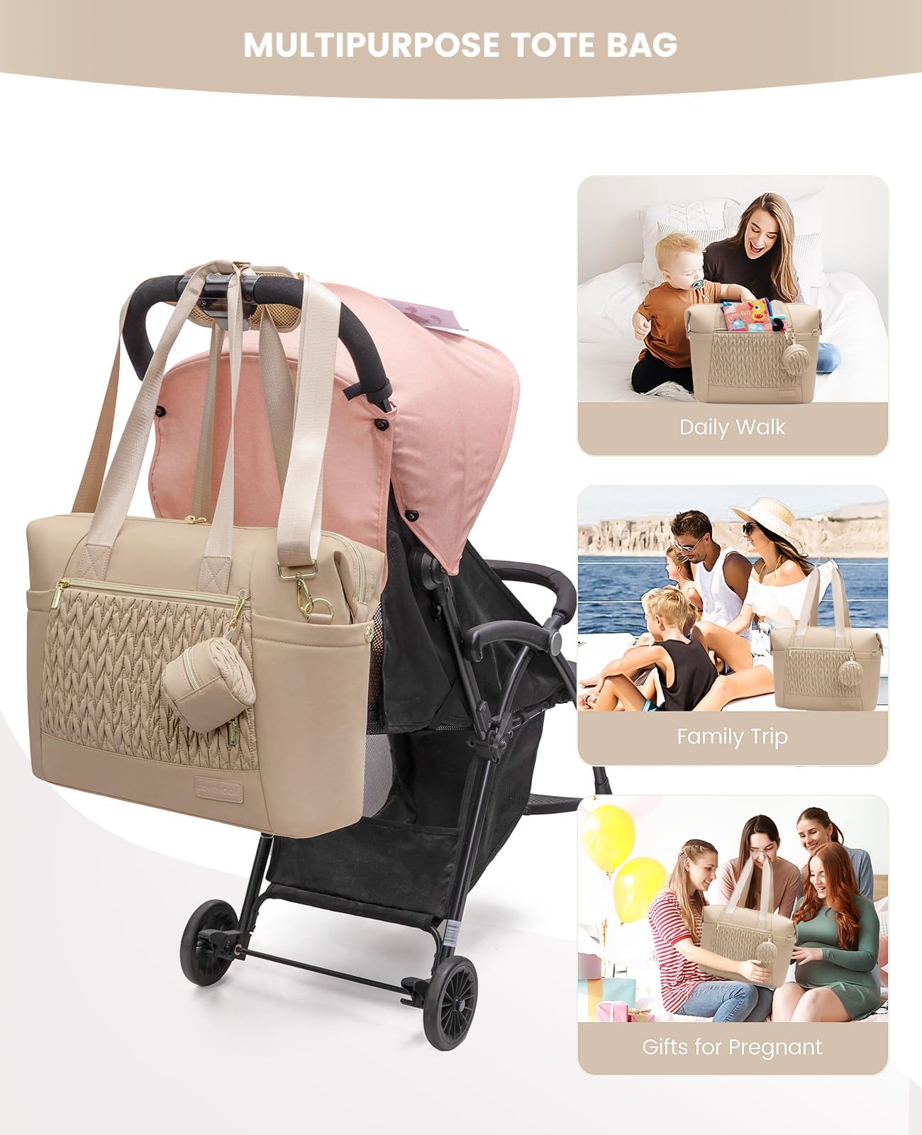 LOVEVOOK large diaper tote khaki detachable shoulder strap offers flexible carrying options.