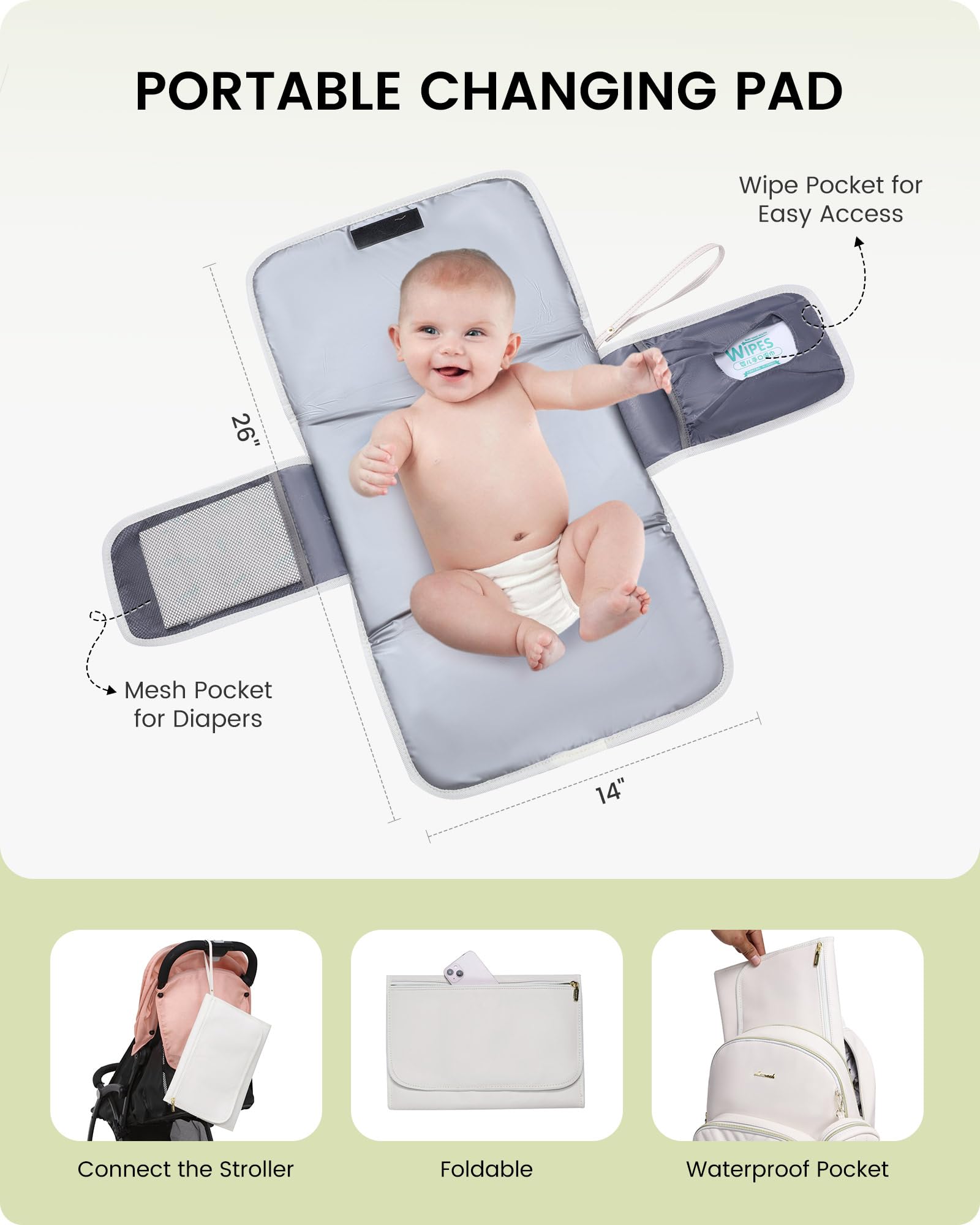 LOVEVOOK leather diaper bag backpack changing-pad view demonstrates included waterproof changing pad.