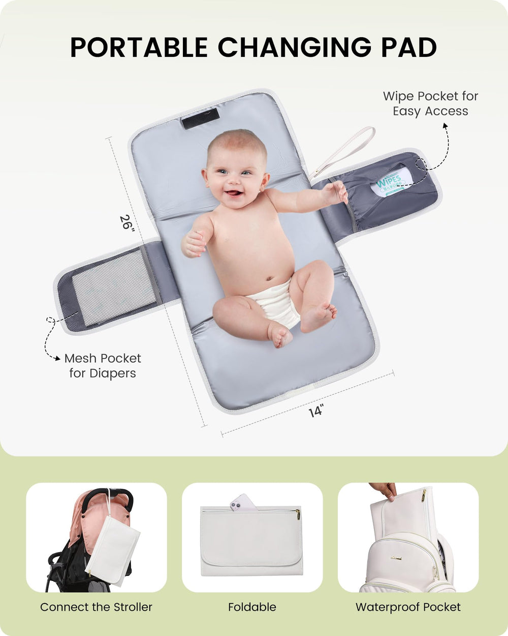LOVEVOOK leather diaper bag backpack changing-pad view demonstrates included waterproof changing pad.