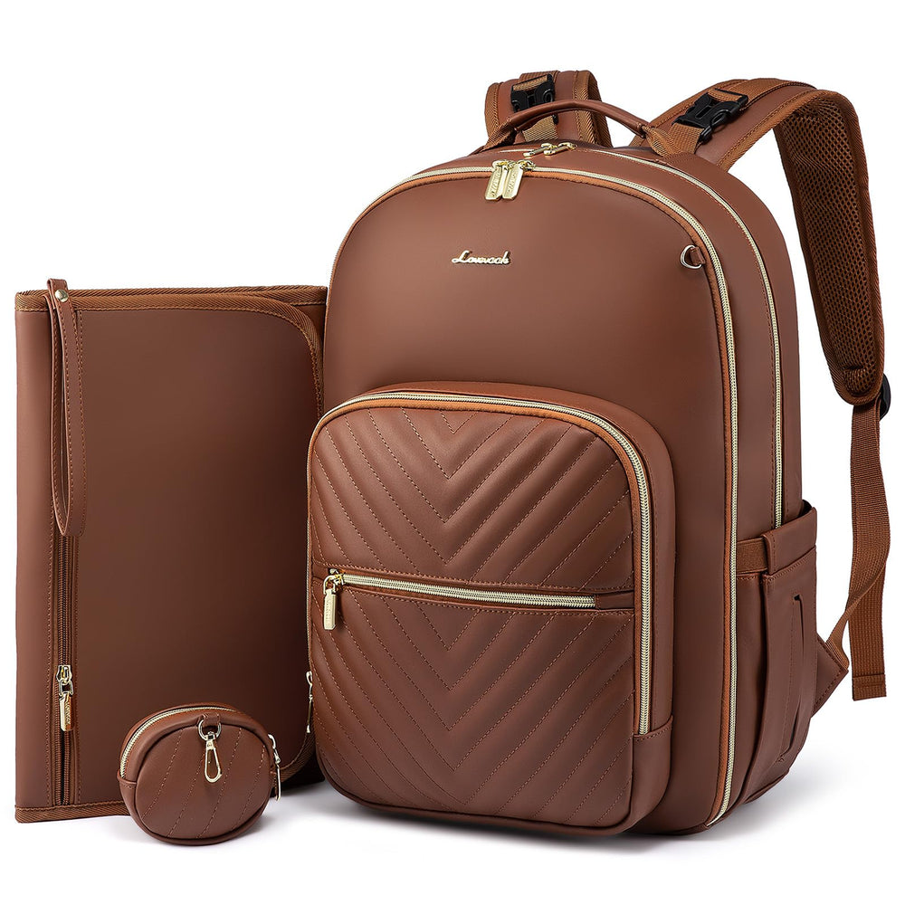 LOVEVOOK leather diaper bag backpack front view highlighting stylish organization.