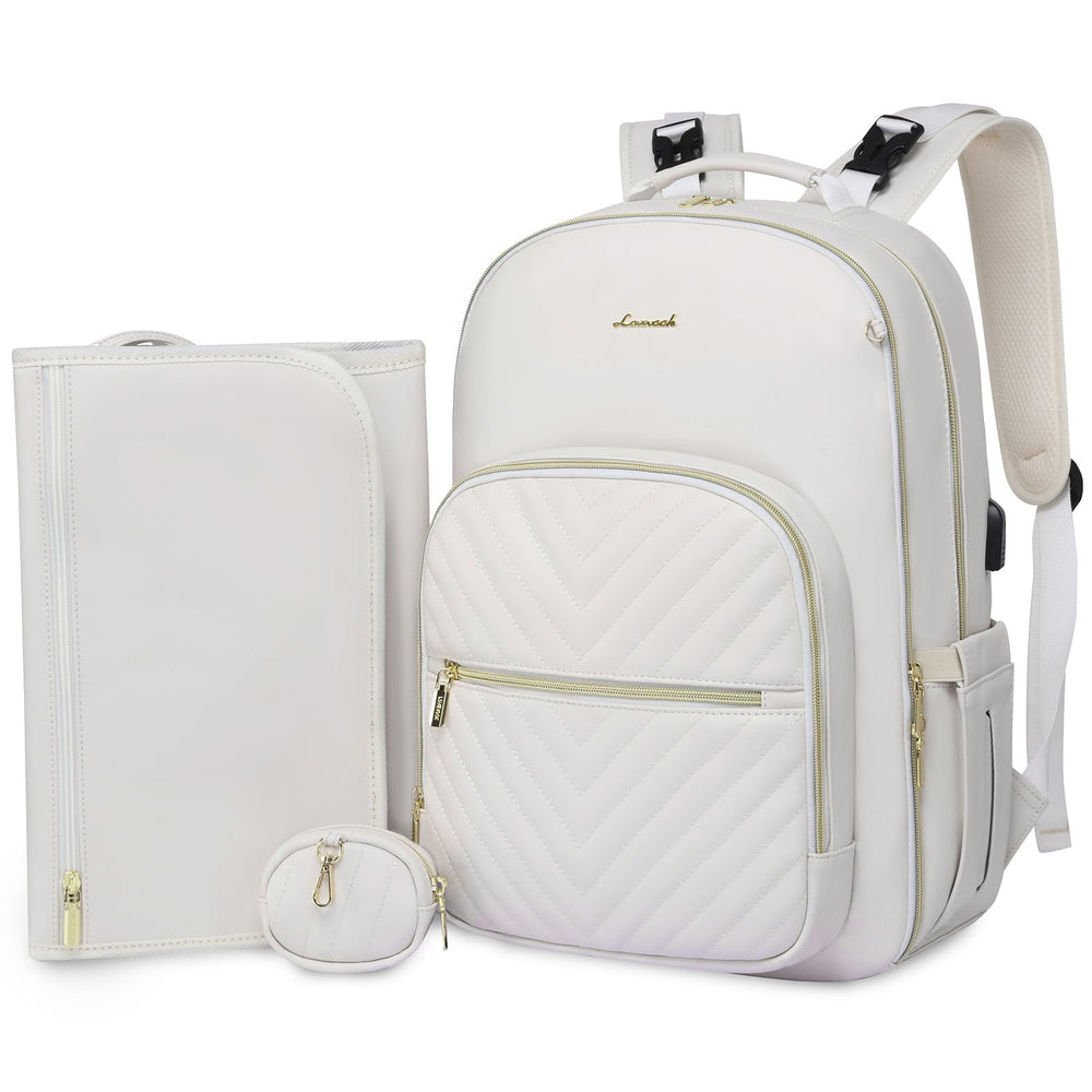 LOVEVOOK leather diaper bag backpack front view highlights easy-access essentials with quilted finish.