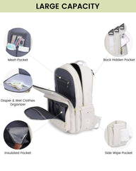 LOVEVOOK leather diaper bag backpack inside-organization shows 18 pockets for tidy baby supplies.