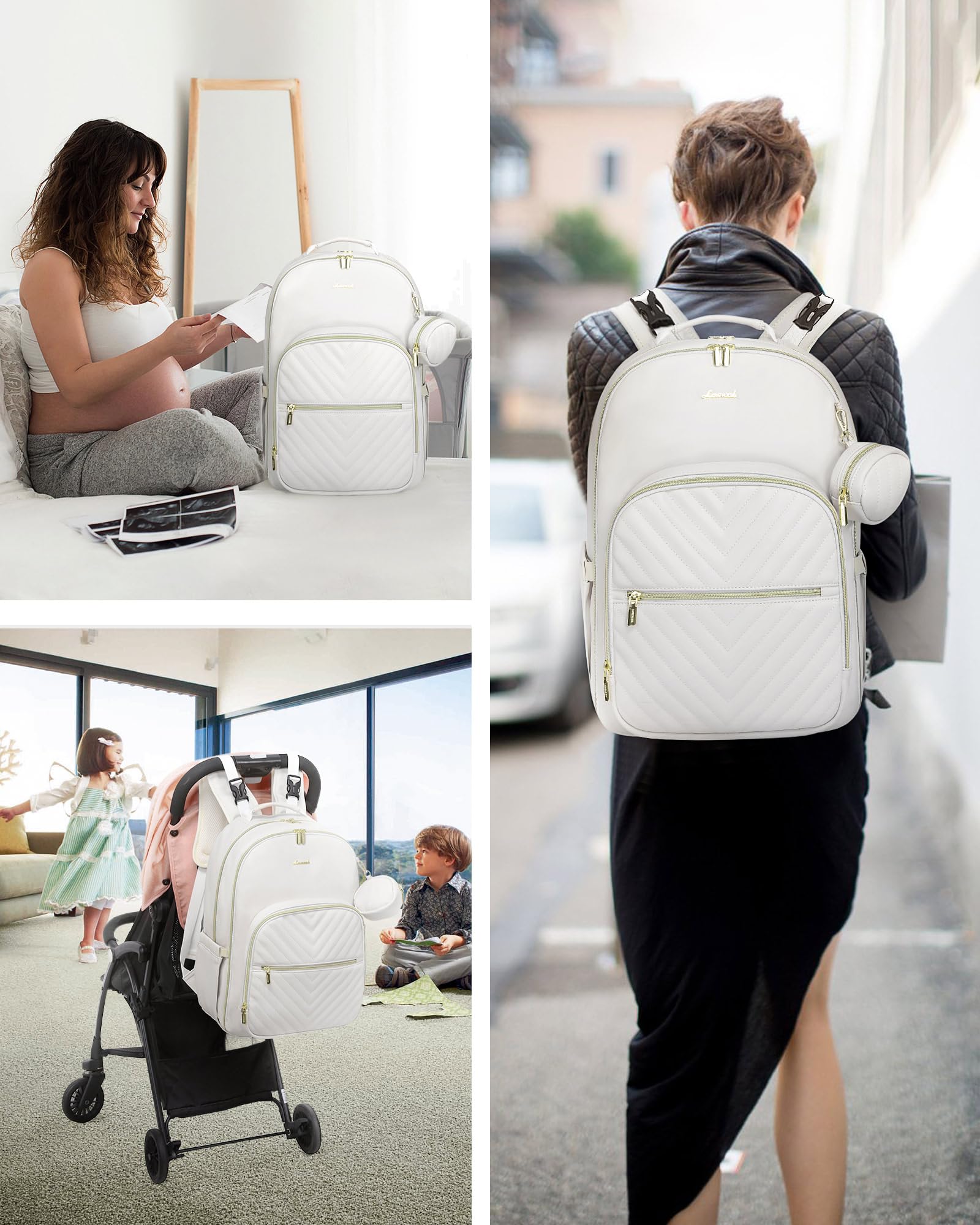 LOVEVOOK leather diaper bag backpack pacifier-holder features convenient removable pacifier holder.