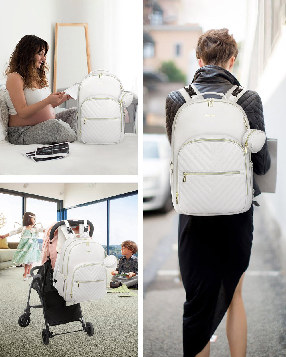 LOVEVOOK leather diaper bag backpack pacifier-holder features convenient removable pacifier holder.