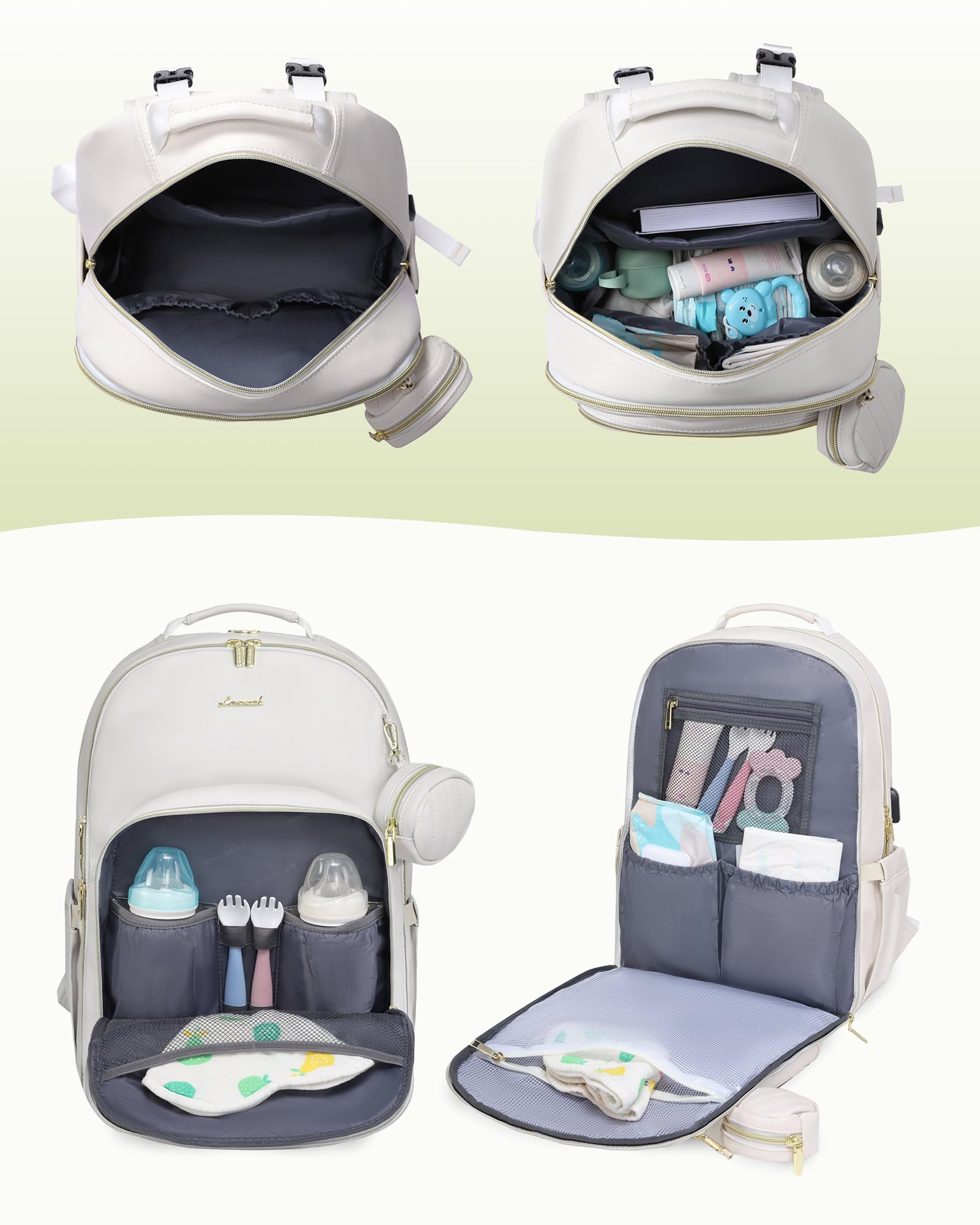 LOVEVOOK leather diaper bag backpack waterproof-pocket shows protected storage for wet clothes.
