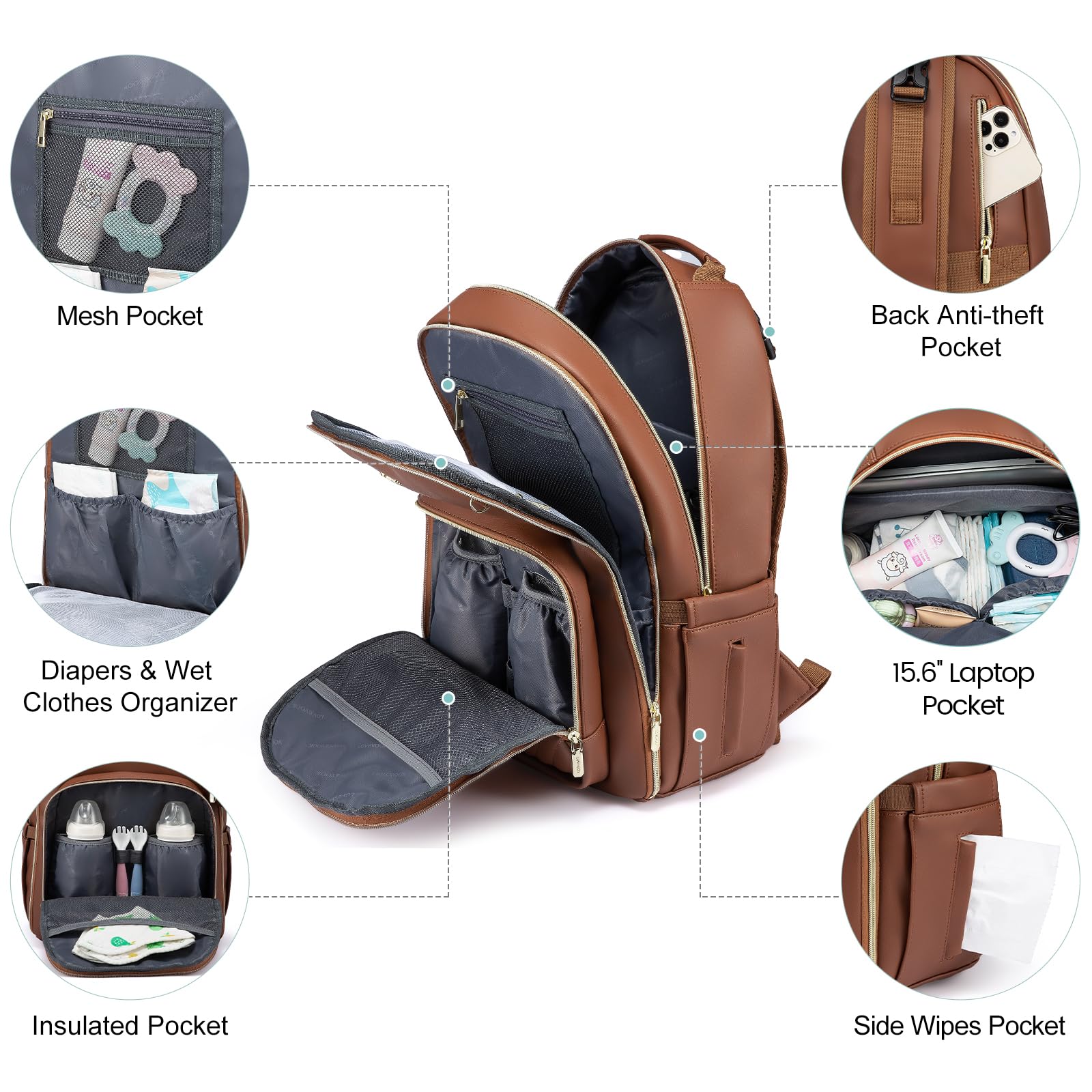 LOVEVOOK quilted diaper bag with changing pad in brown for on-the-go care.