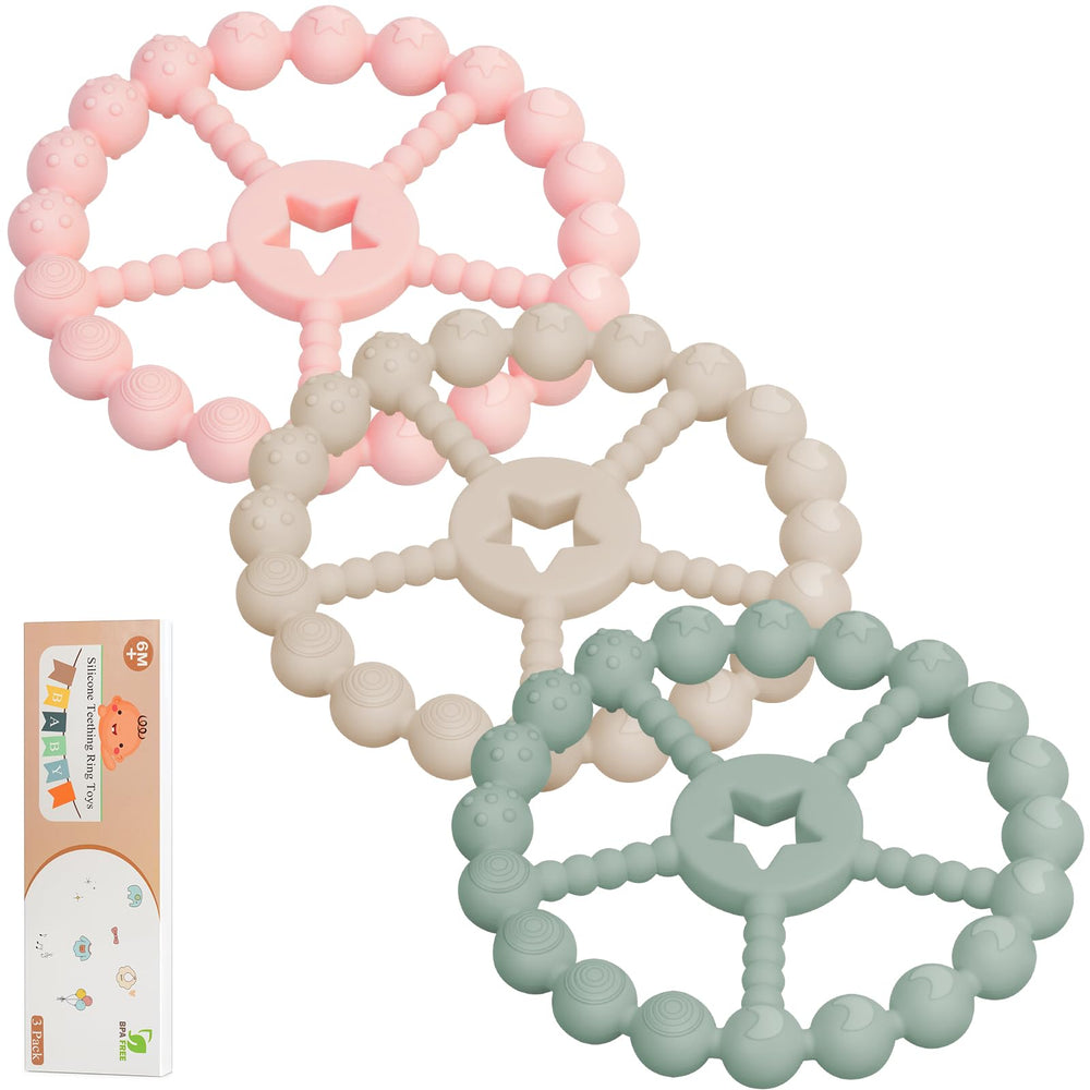 Loviomad 3-pack ring teether baby toys for soothing teething and oral exploration