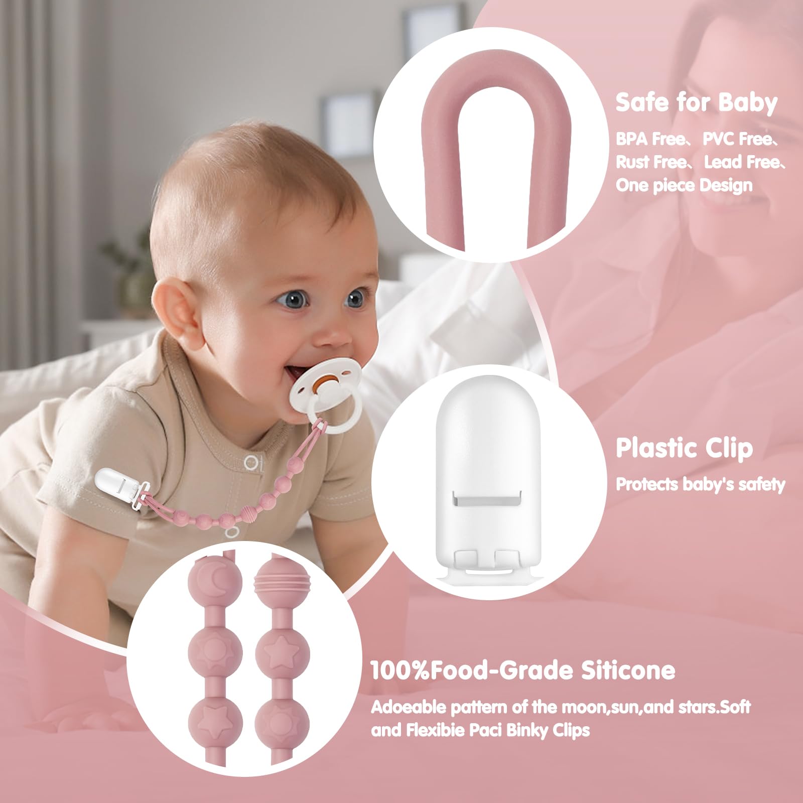 Loviomad pacifier clip shown on stroller attachment for easy daytime access.