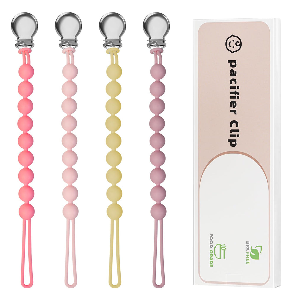Loviomad pacifier clip silicone beads closeup highlights safe materials and secure attachment.