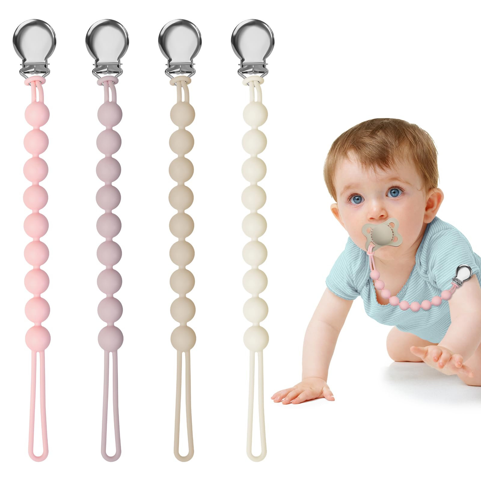 Loviomad pacifier clip with soft silicone, 8-inch length, keeps pacifier secure and clean on-the-go