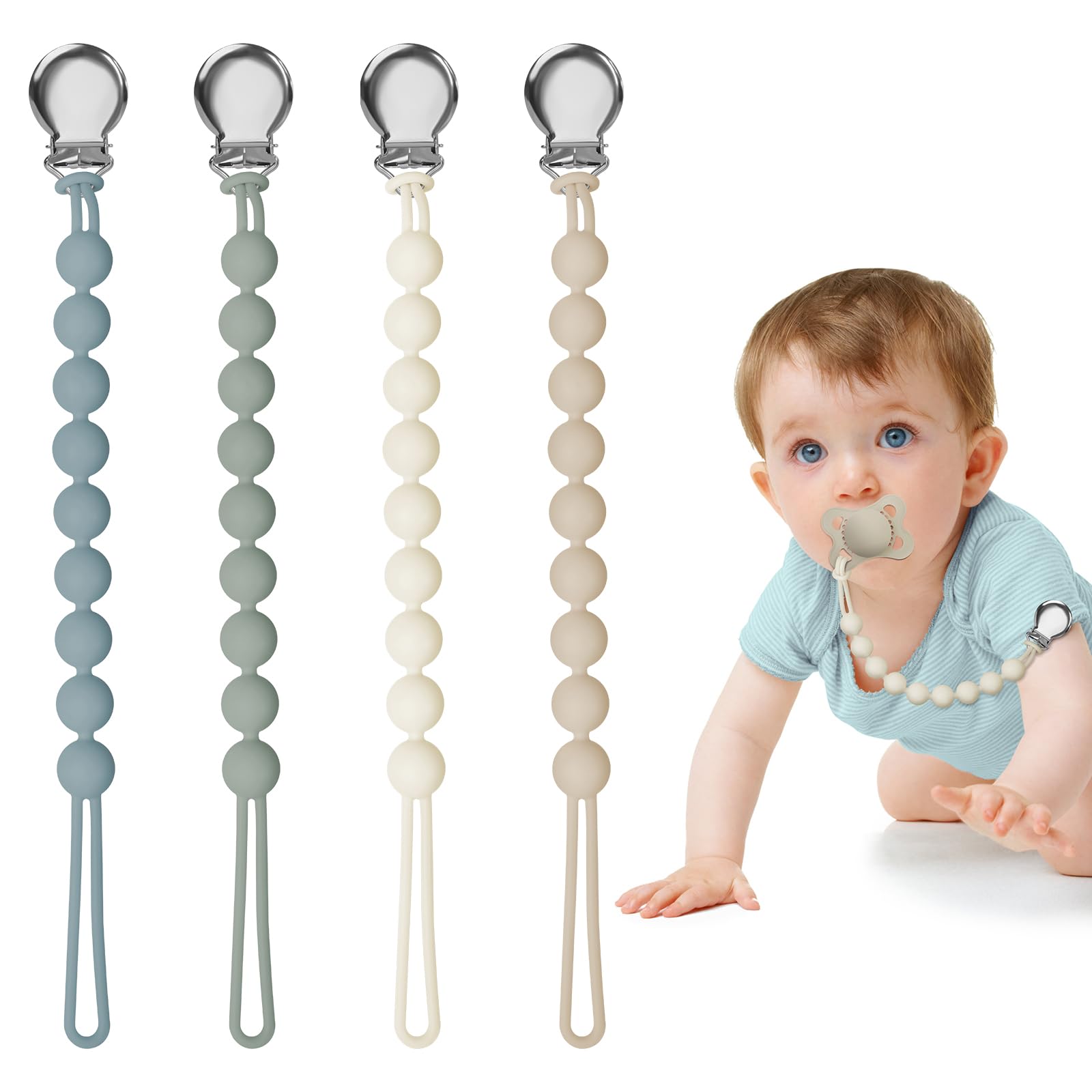 Loviomad pacifier clip close-up in soft silicone keeps pacifier secure on the go
