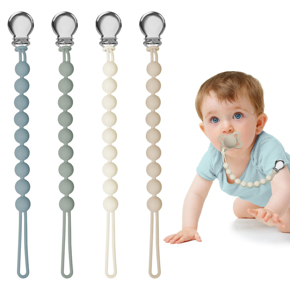 Loviomad pacifier clip close-up in soft silicone keeps pacifier secure on the go