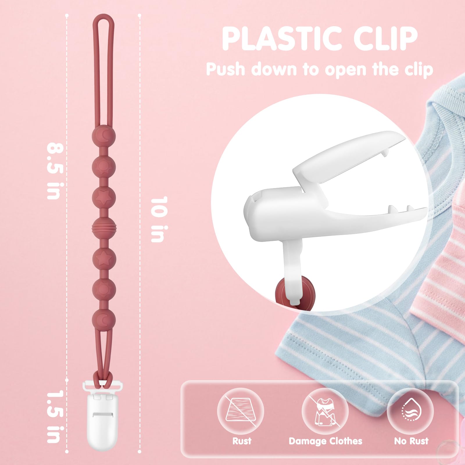 Loviomad pacifier clip features star, moon, sun charms for soothing teething.