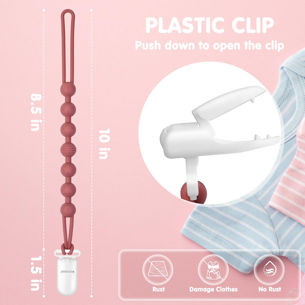 Loviomad pacifier clip features star, moon, sun charms for soothing teething.