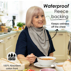 Lovjoy bandana bib showing adjustable neck with metal poppers for versatile fit.