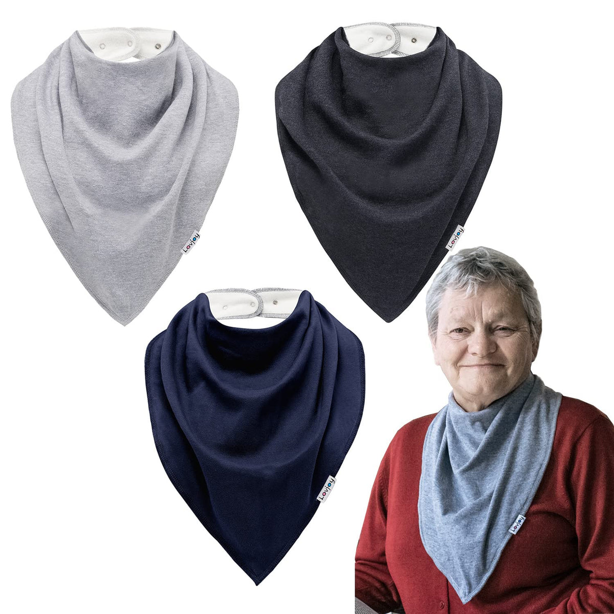 Lovjoy large bandana bib with neck closure demonstrates secure wear for older kids.