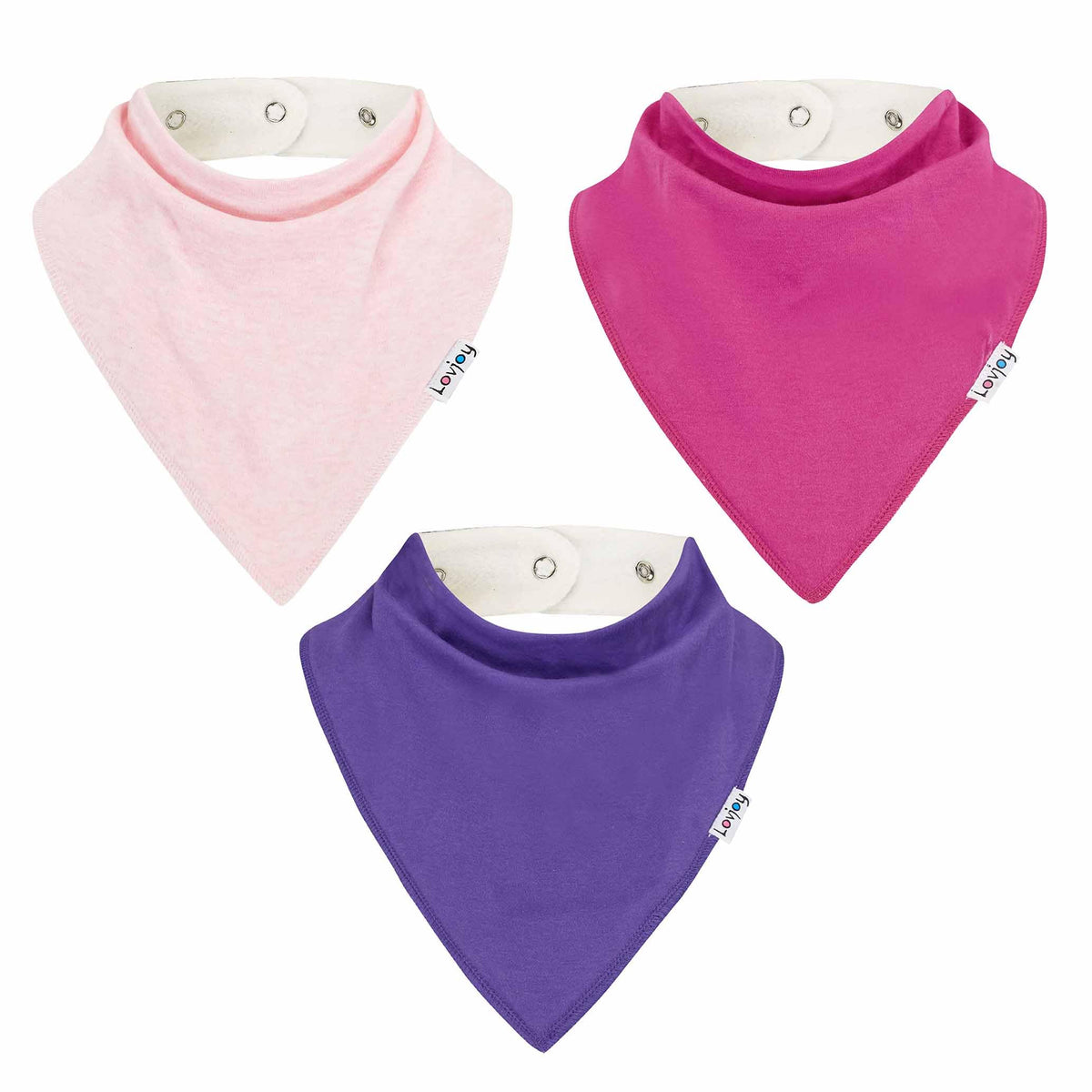 Lovjoy large bandana bib three-pack front view protects clothes during meals.