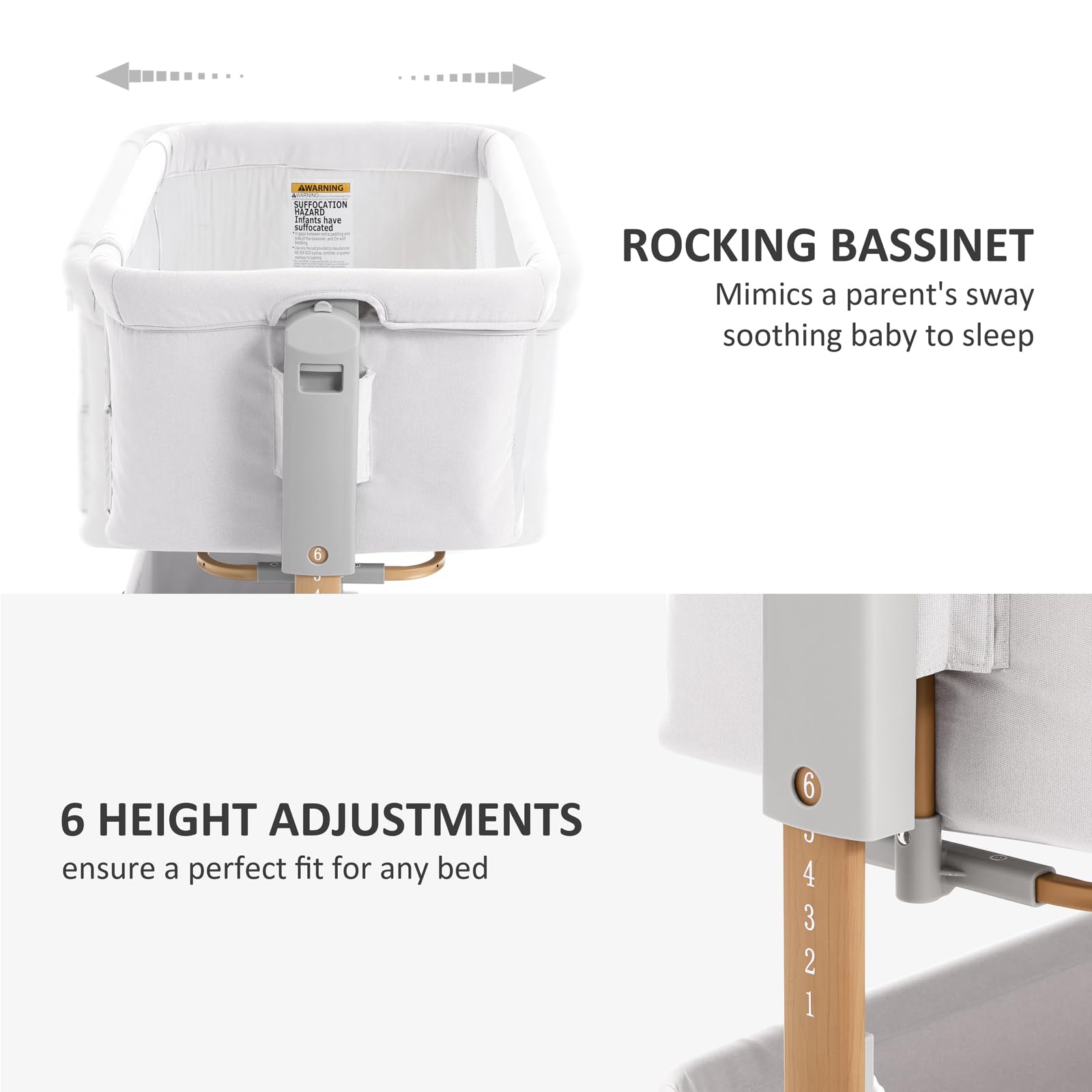 LovliTod Baby 3-in-1 Bassinet height adjustment aligns with your bed.