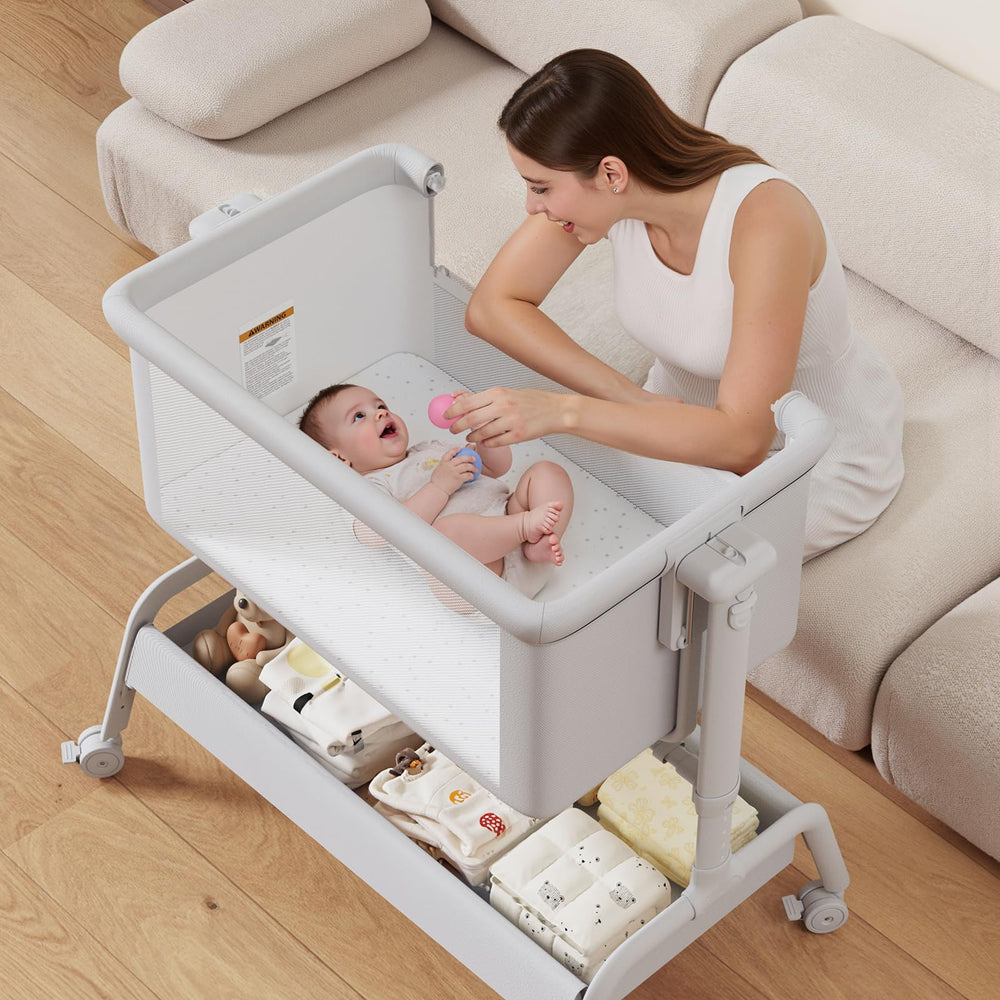 LovliTod Baby bassinet height adjustment highlights bed compatibility