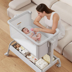 LovliTod Baby bassinet height adjustment highlights bed compatibility