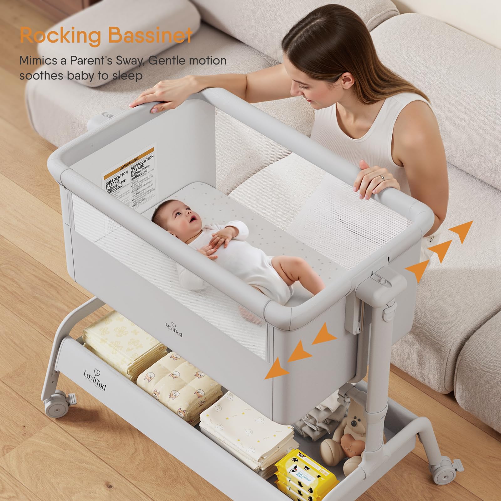 LovliTod Baby bassinet rocking mode demonstrates soothing motion for calm naps