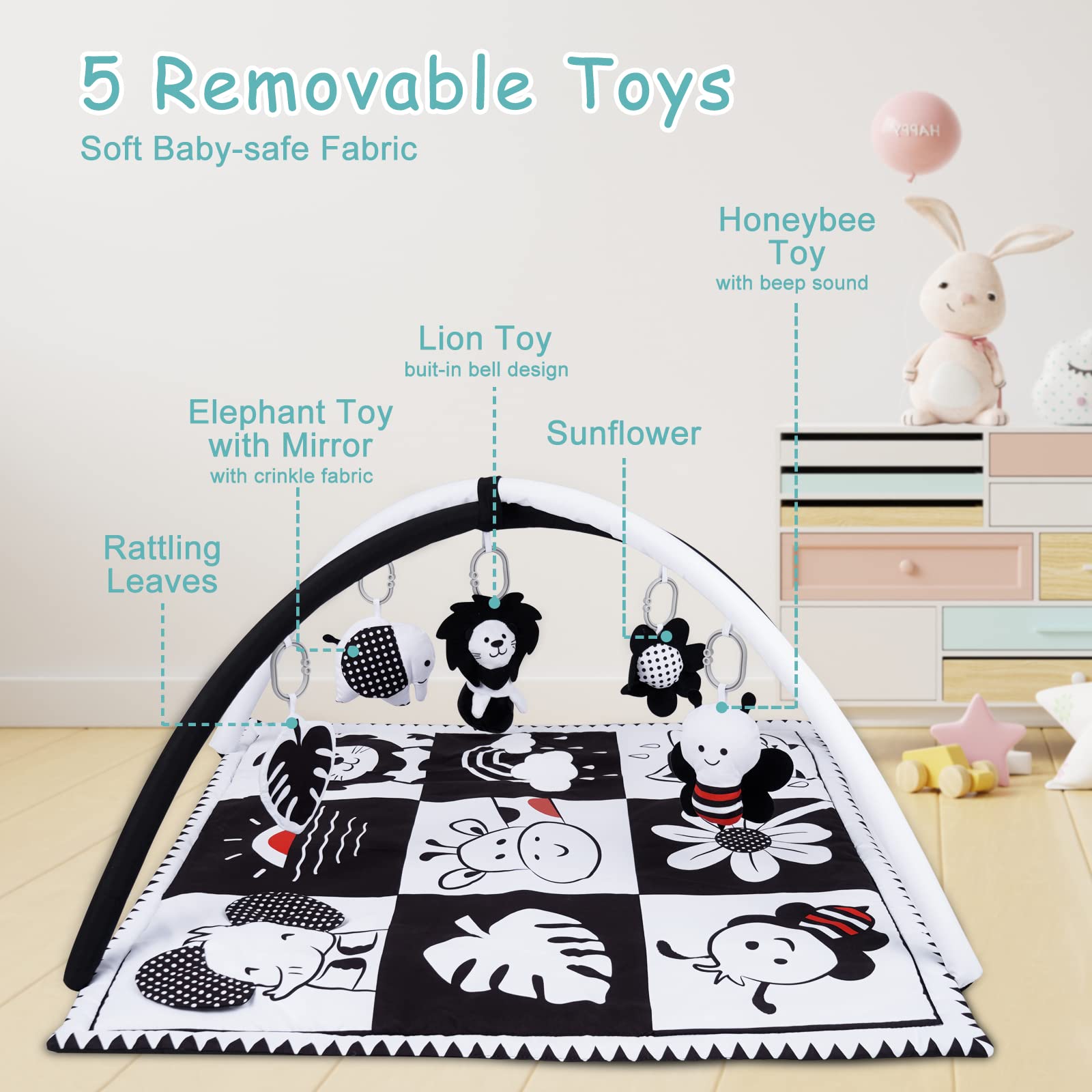 Lovvie & Joy gym includes bell toy for auditory awareness.