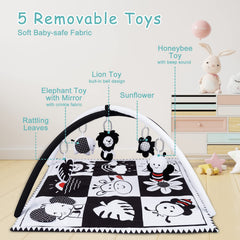 Lovvie & Joy gym includes bell toy for auditory awareness.