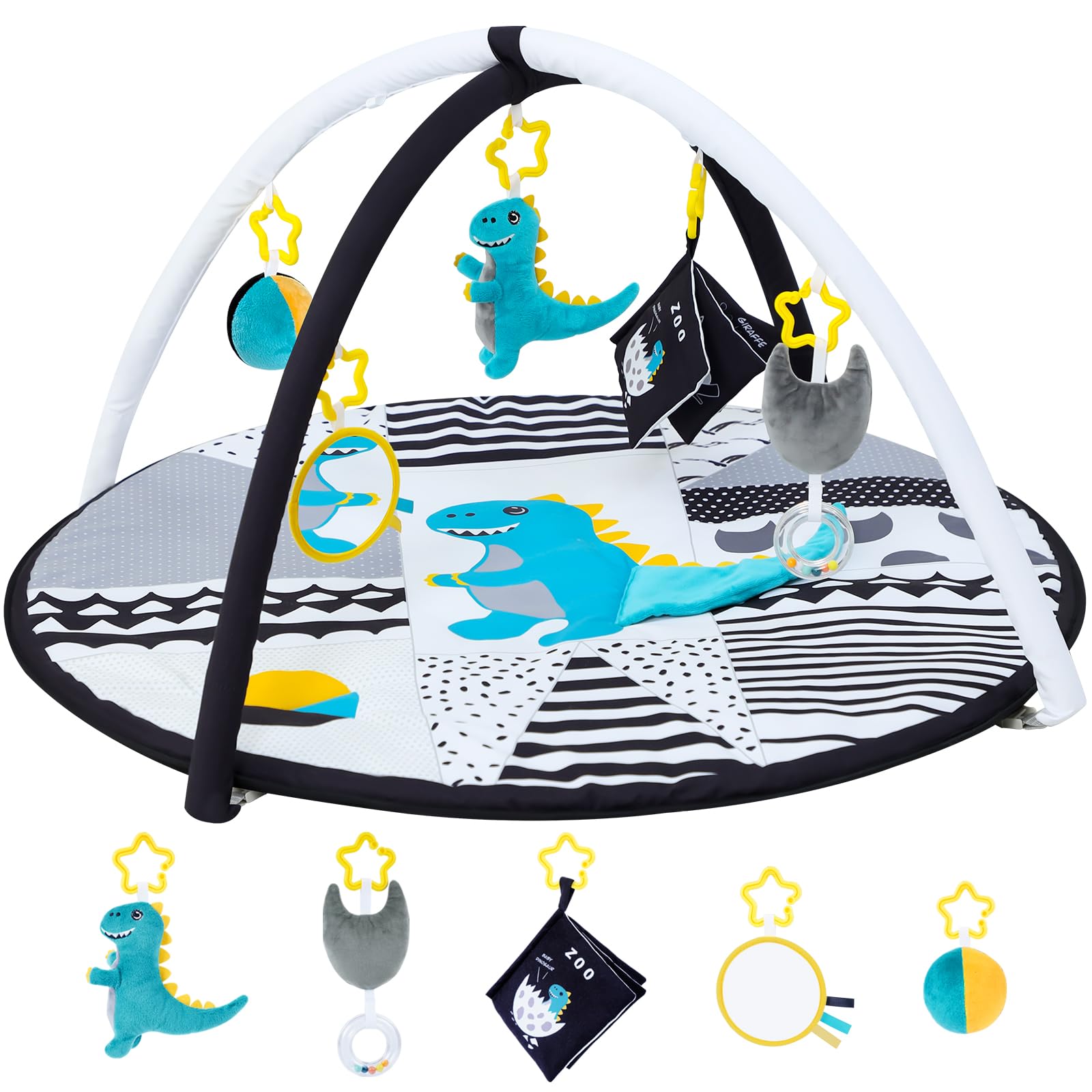 Lovvie & Joy dinosaur play gym overview for tummy time and sensory exploration.