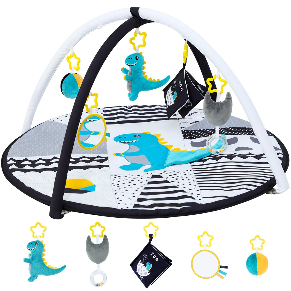 Lovvie & Joy dinosaur play gym overview for tummy time and sensory exploration.