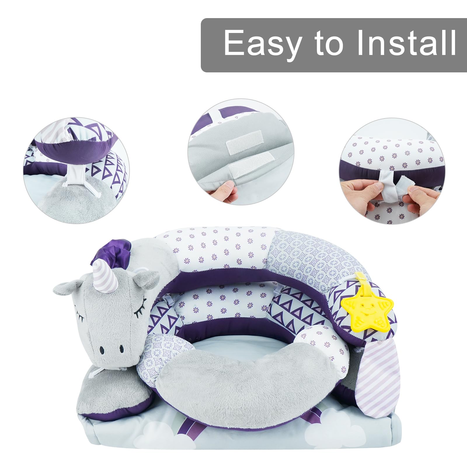 Lovvie & Joy teething toy and crinkle paper engage senses during tummy time.