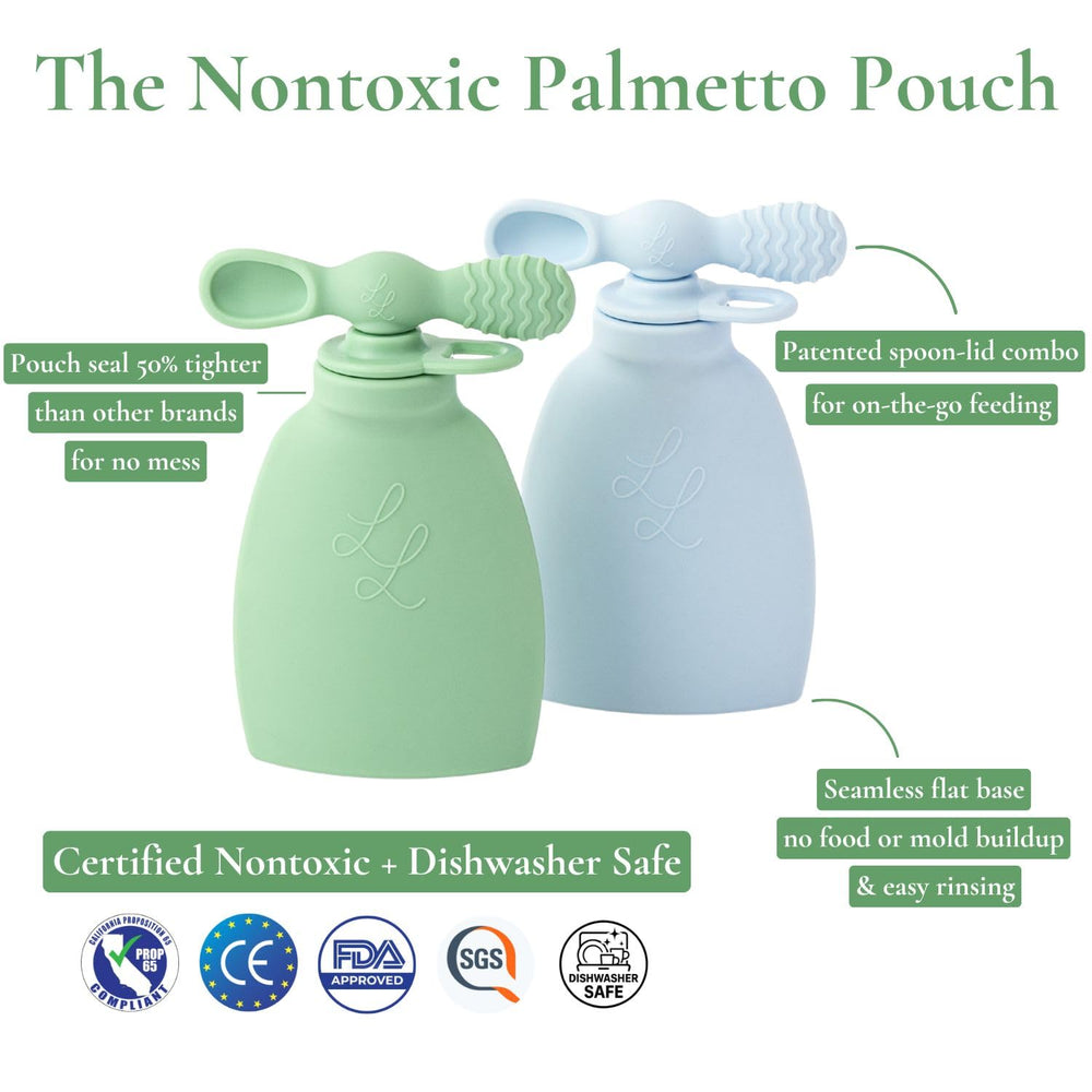 Lowcountry Littles Palmetto Pouch spill-safe spout reduces leaks during feeding.
